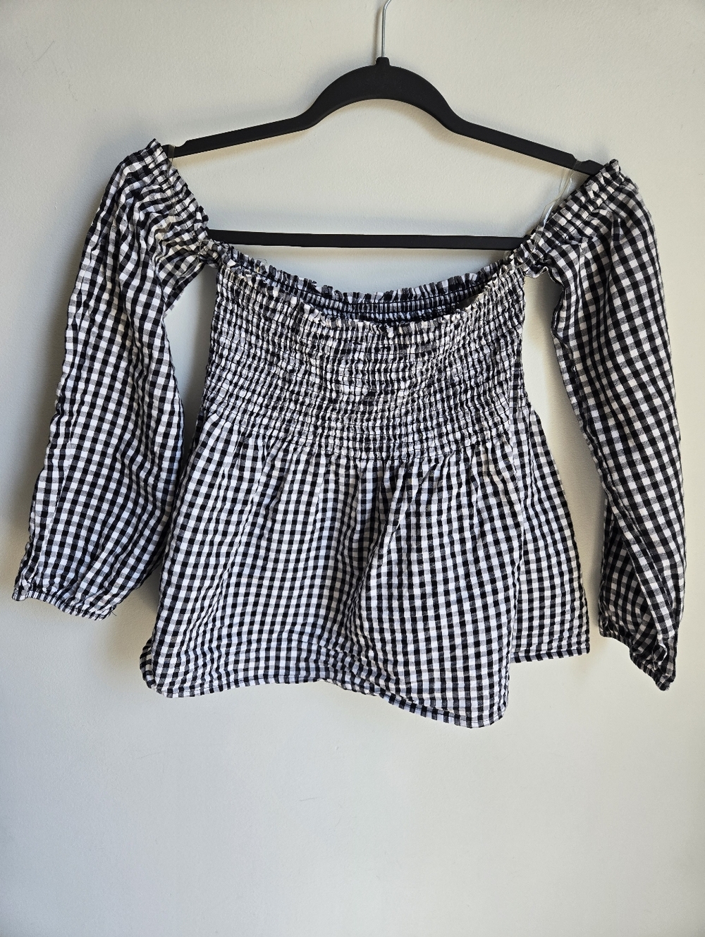 ANOTHER STORY Black & White Gingham Off-Shoulder Peasant Top